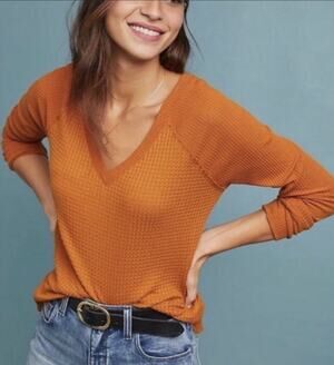 Maeve Anthropologie Pearson Waffle Thermal Top Pumpkin Orange XS